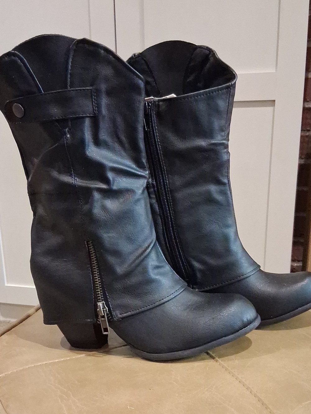 Cupid Black Mid-Calf Wedge Zip Boots Western Biker